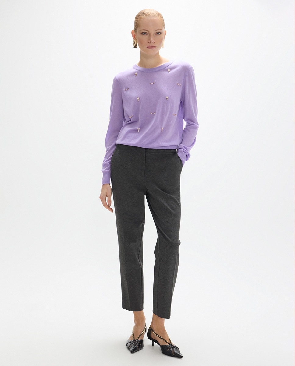 Pantalón recto de mujer punto roma con strass a tono en bolsillos y trabillas - Lola Casademunt - Gris oscuro Gris oscuro-1