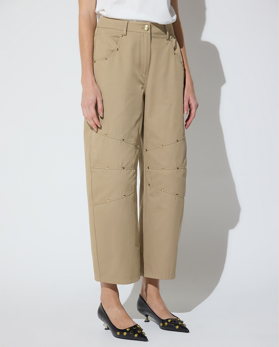 Pantalón recto de mujer algodonero con cortes y tachas - Lola Casademunt - Beige Beige-2