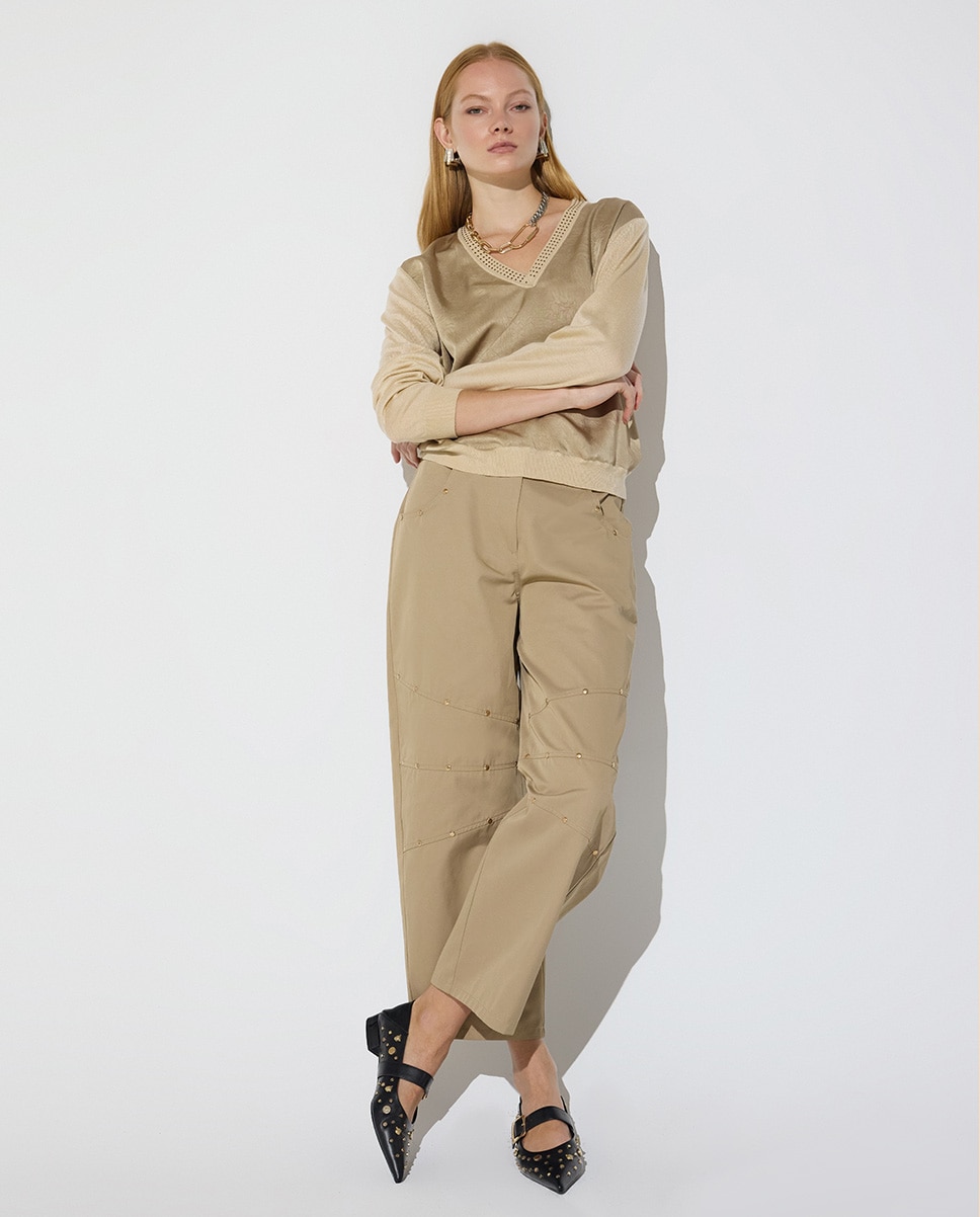 Pantalón recto de mujer algodonero con cortes y tachas - Lola Casademunt - Beige Beige-5
