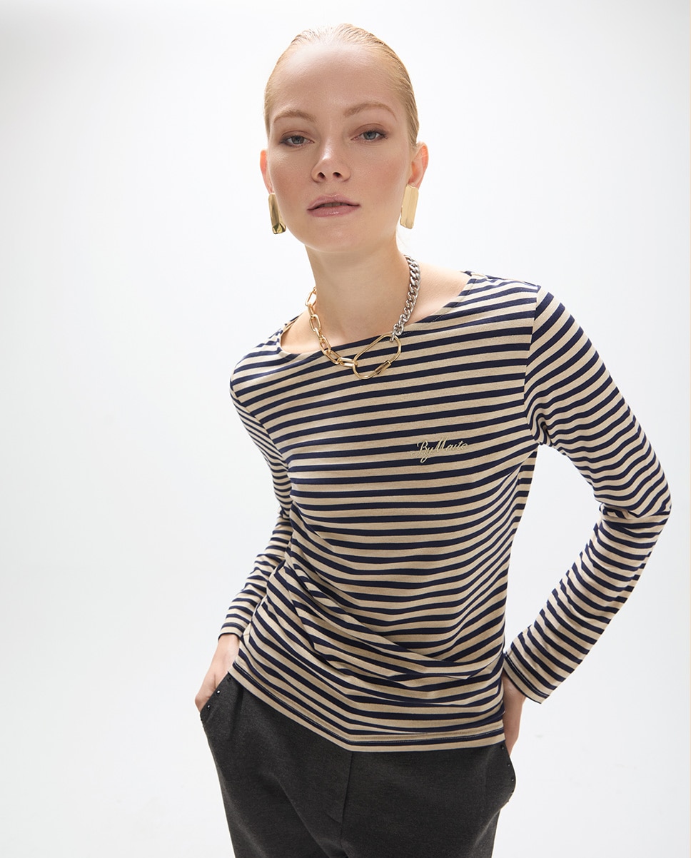 Camiseta de mujer cuello barca de manga larga a rayas con lúrex - Lola Casademunt - Multicolor Multicolor-3