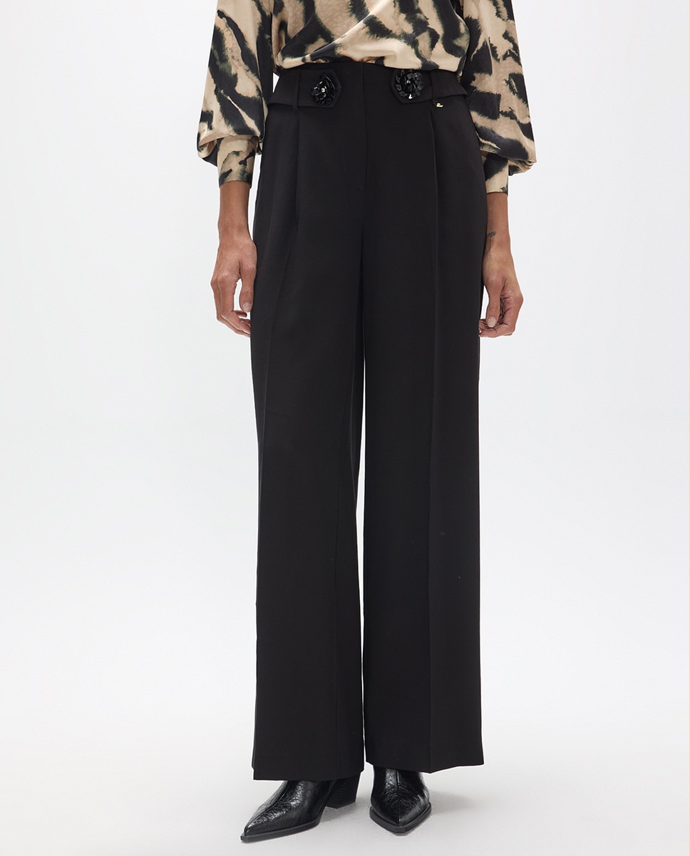 Pantalón de vestir de mujer ancho con detalle flor en cintura - Lola Casademunt - Negro Negro-2