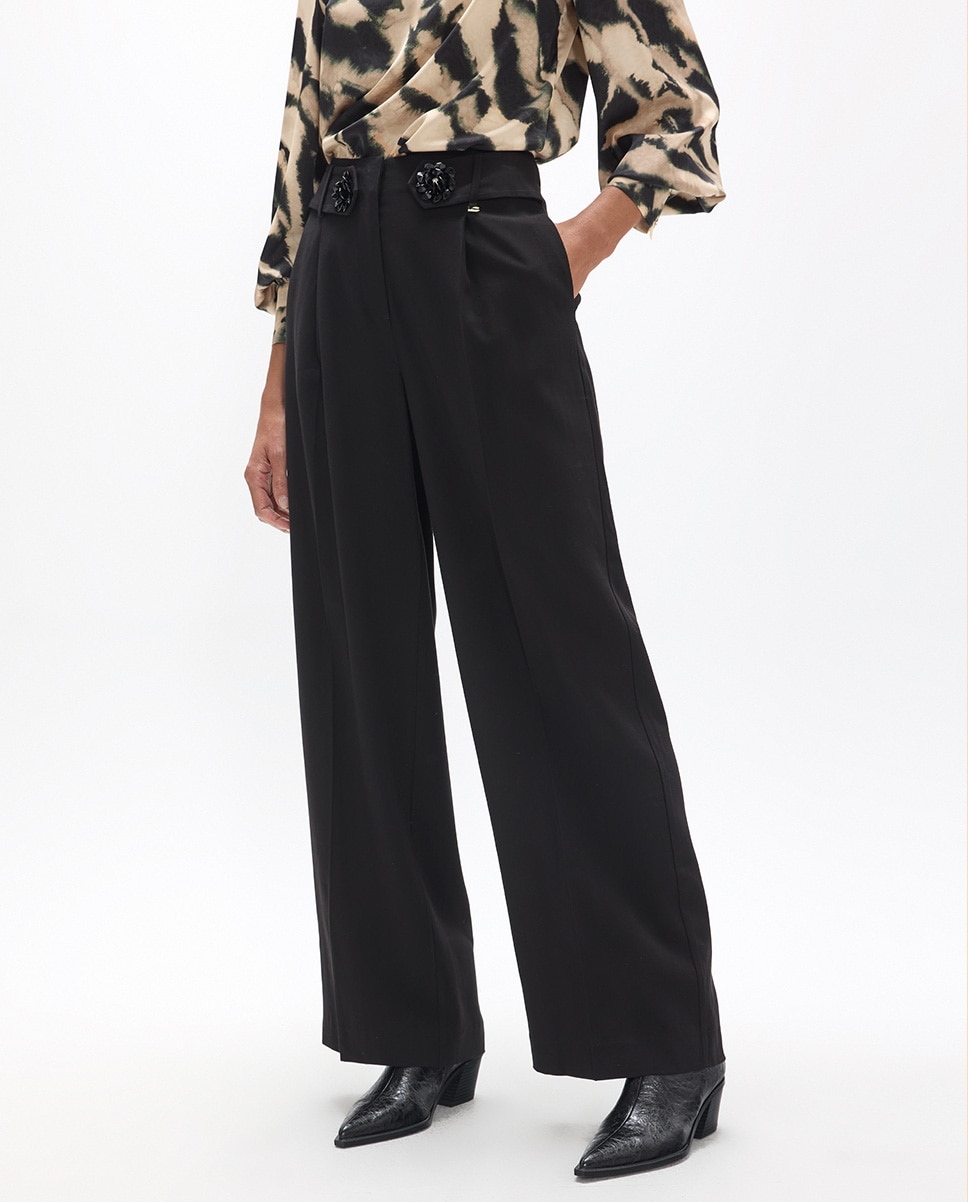 Pantalón de vestir de mujer ancho con detalle flor en cintura - Lola Casademunt - Negro Negro-3