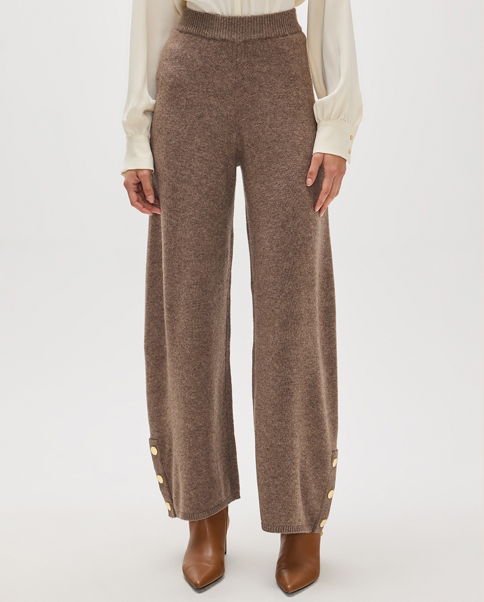 Pantalón de punto de mujer ancho con botones laterales bajo - Lola Casademunt - Marrón Marrón-1