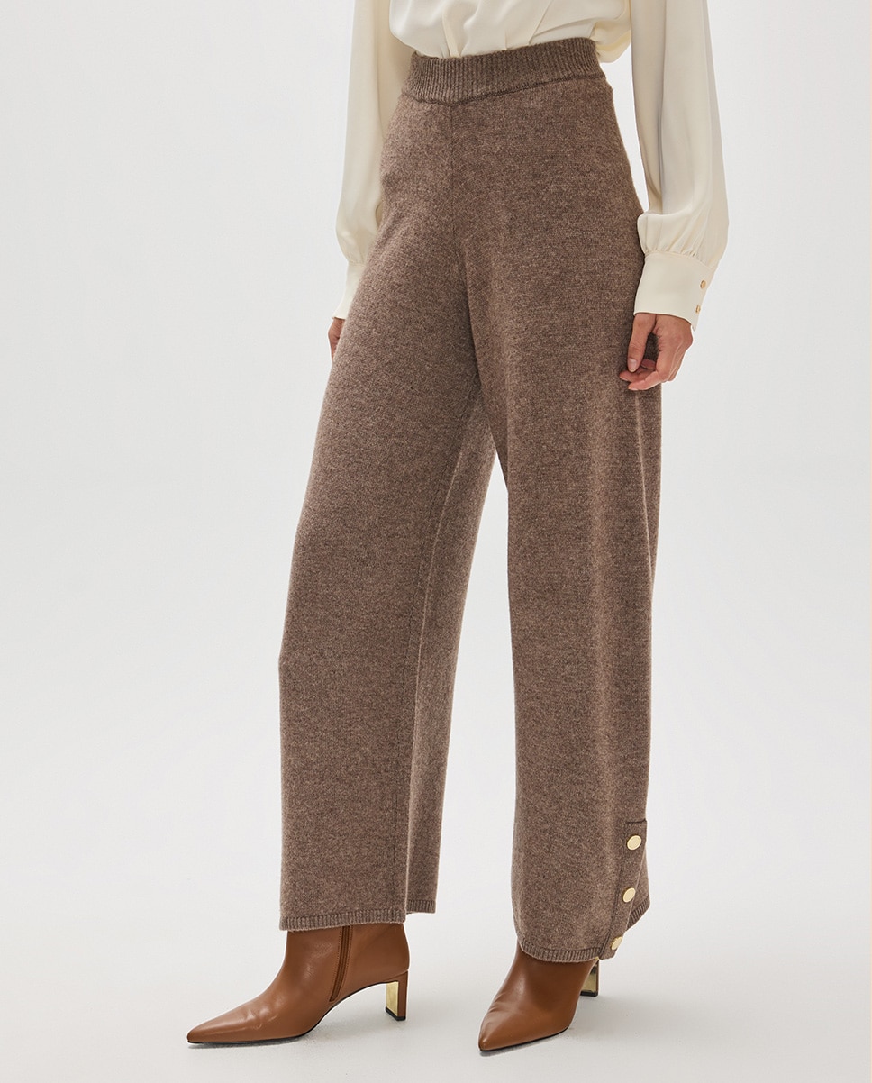 Pantalón de punto de mujer ancho con botones laterales bajo - Lola Casademunt - Marrón Marrón-2