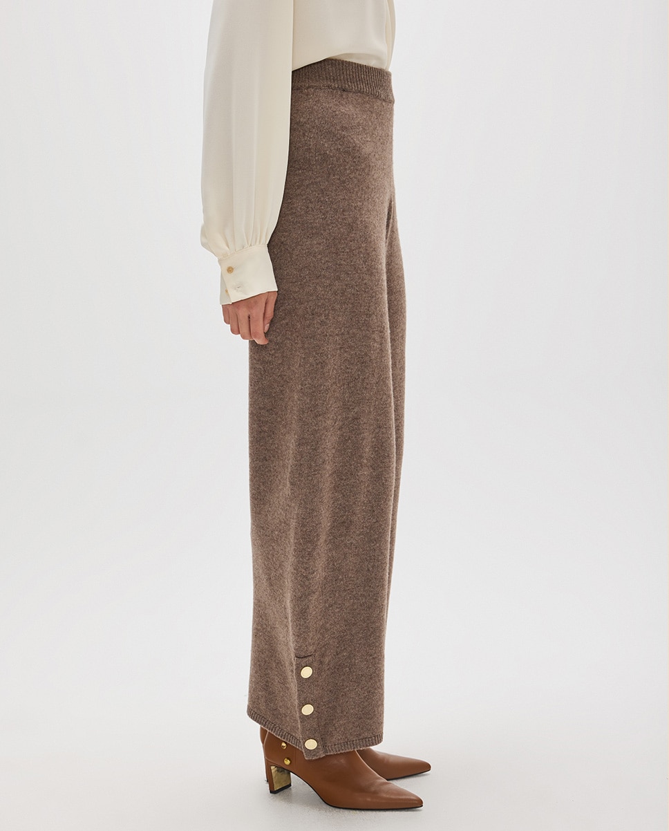 Pantalón de punto de mujer ancho con botones laterales bajo - Lola Casademunt - Marrón Marrón-3