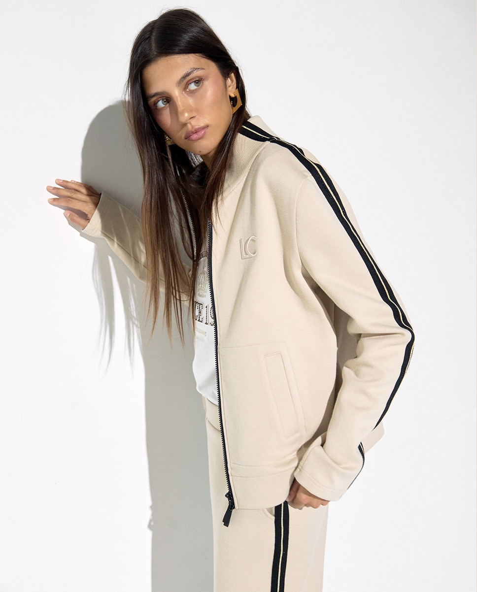 Sudadera de mujer con cremallera y banda lateral bicolor - Lola Casademunt - Beige Beige-5
