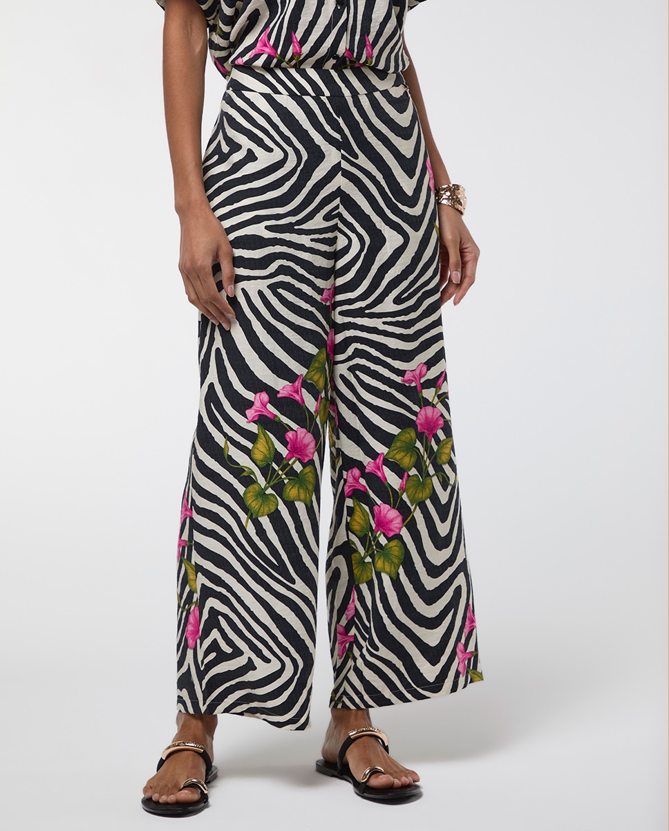 Pantalón ancho de mujer print cebra y flor - Lola Casademunt - Negro / Blanco Negro / Blanco-2