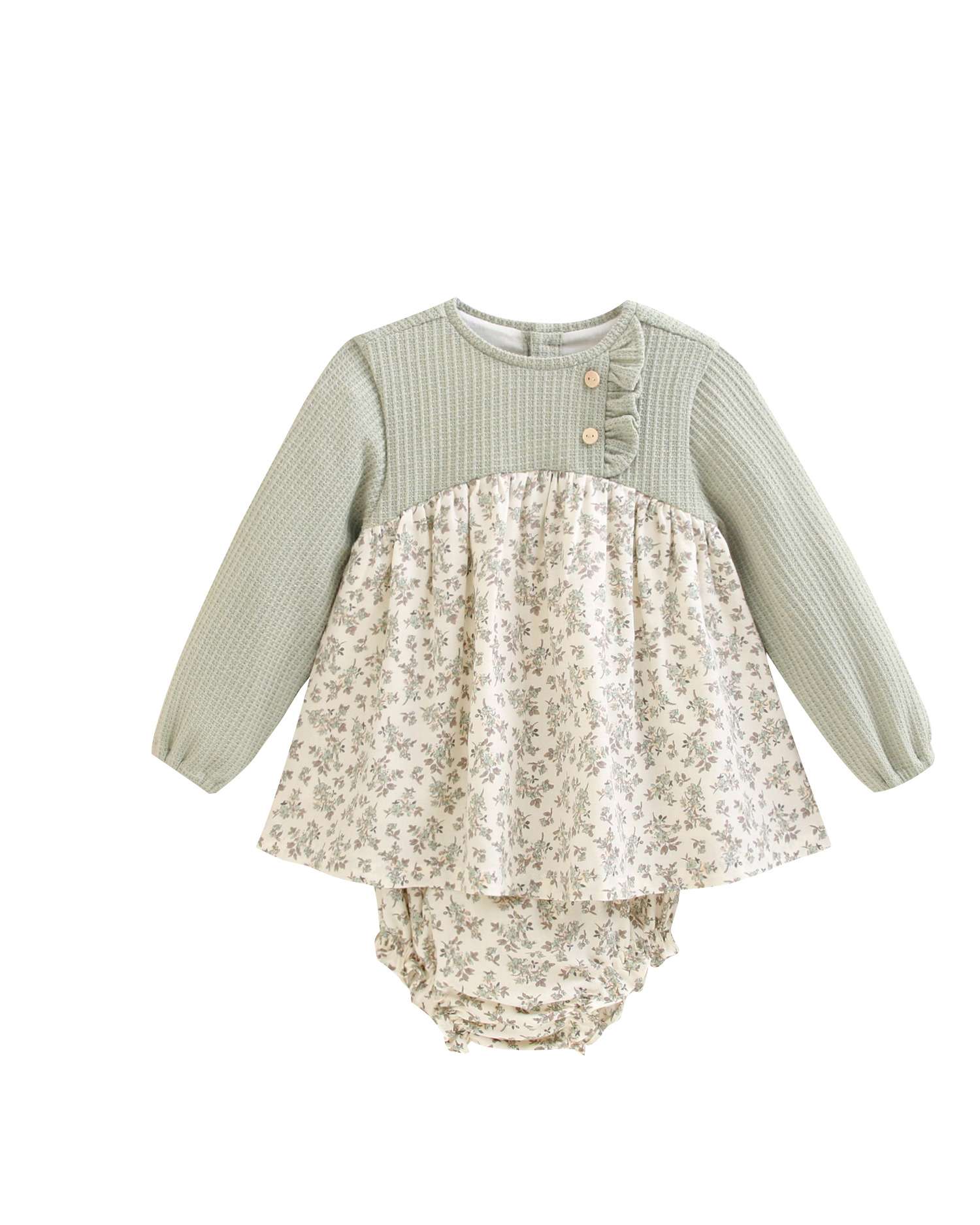 Imagen 1 de Vestido de bebé niña de punto con braguita y falda de flores Verde