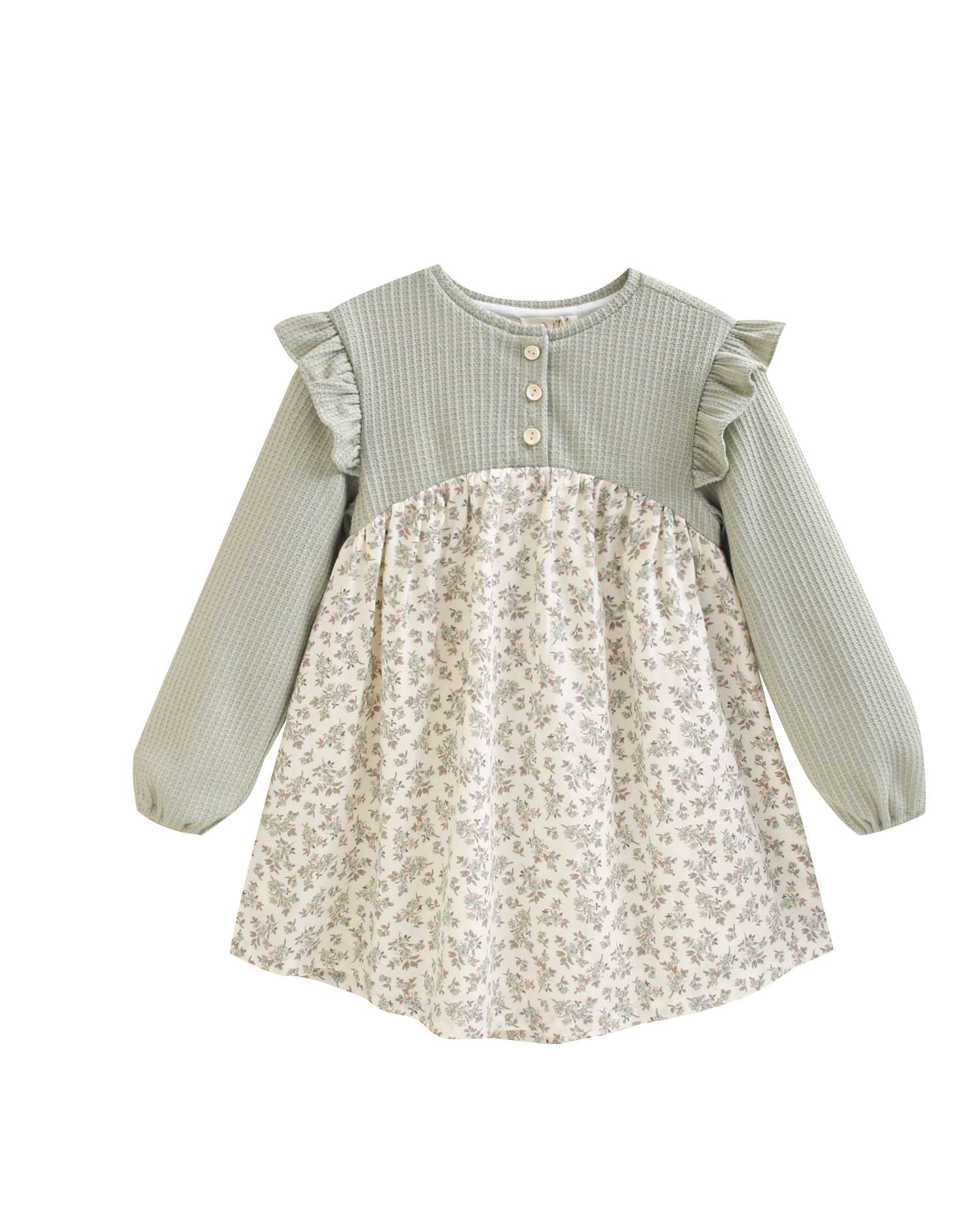 Vestido de niña de punto con volantes y falda de flores - Dadati - Verde Verde-3