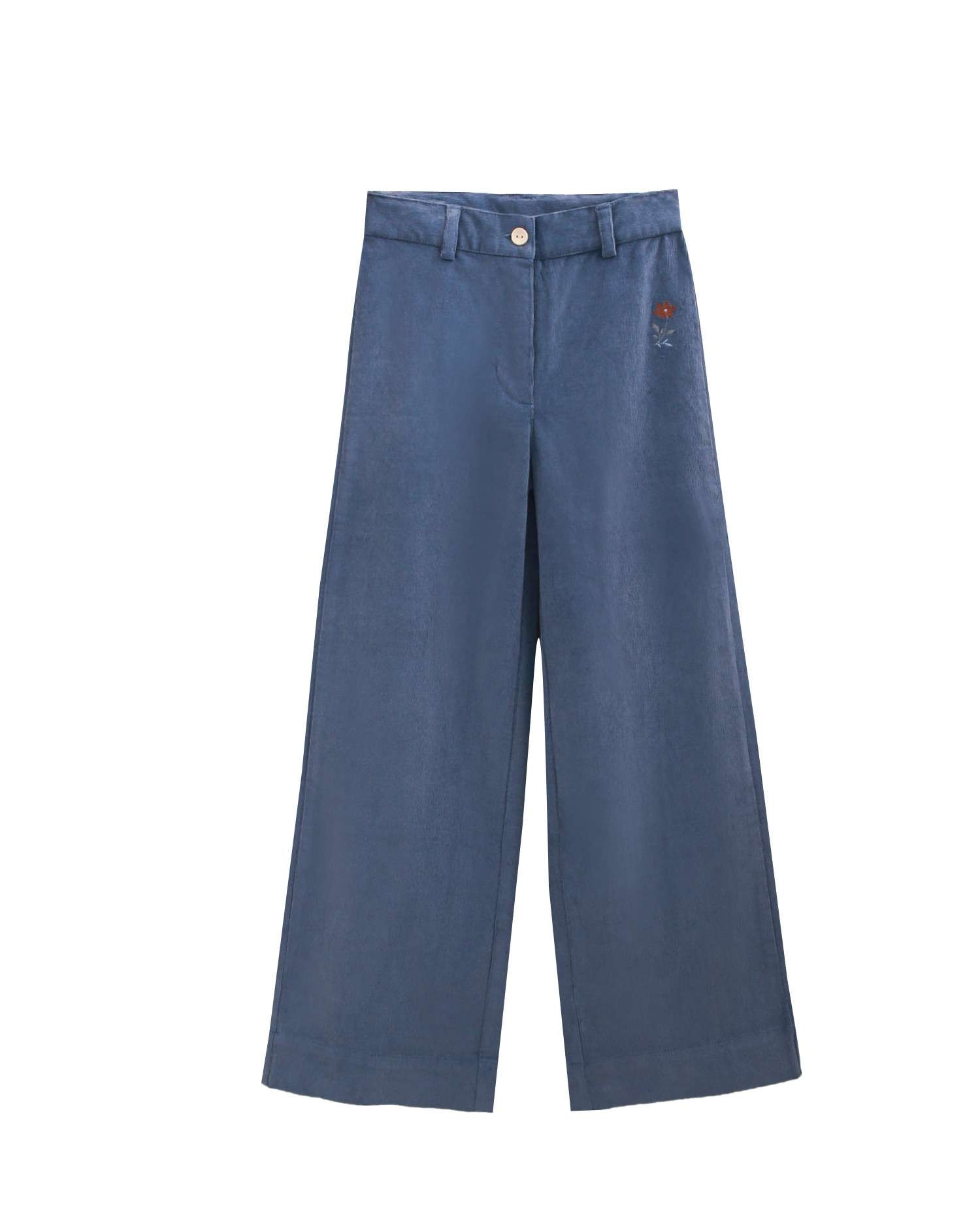 Imagen 0 de Pantalón de niña de pana con bordado de flor Azul