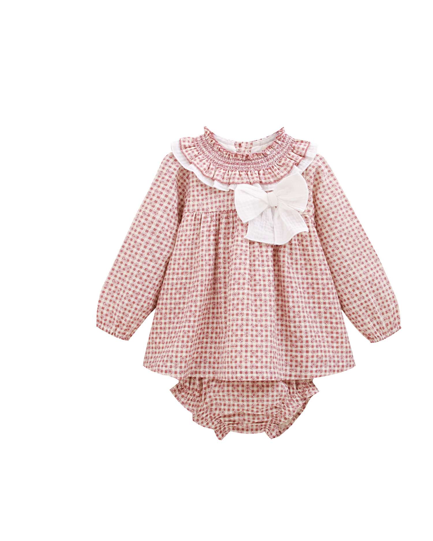 Imagen 0 de Vestido de bebé niña de cuadros con braguita de cuadros y lazo Rosa
