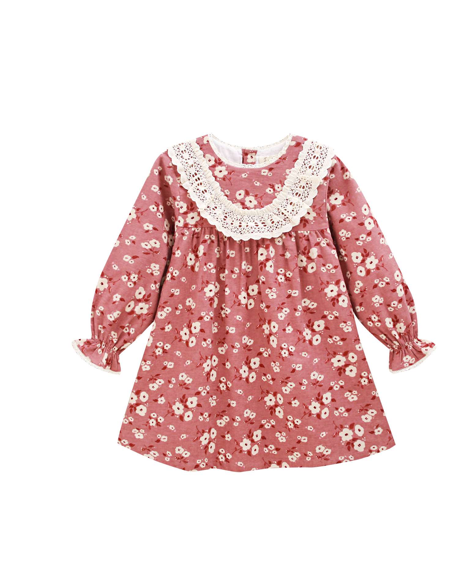 Imagen 0 de Vestido de niña con estampado floral y detalle volante de encaje Rojo