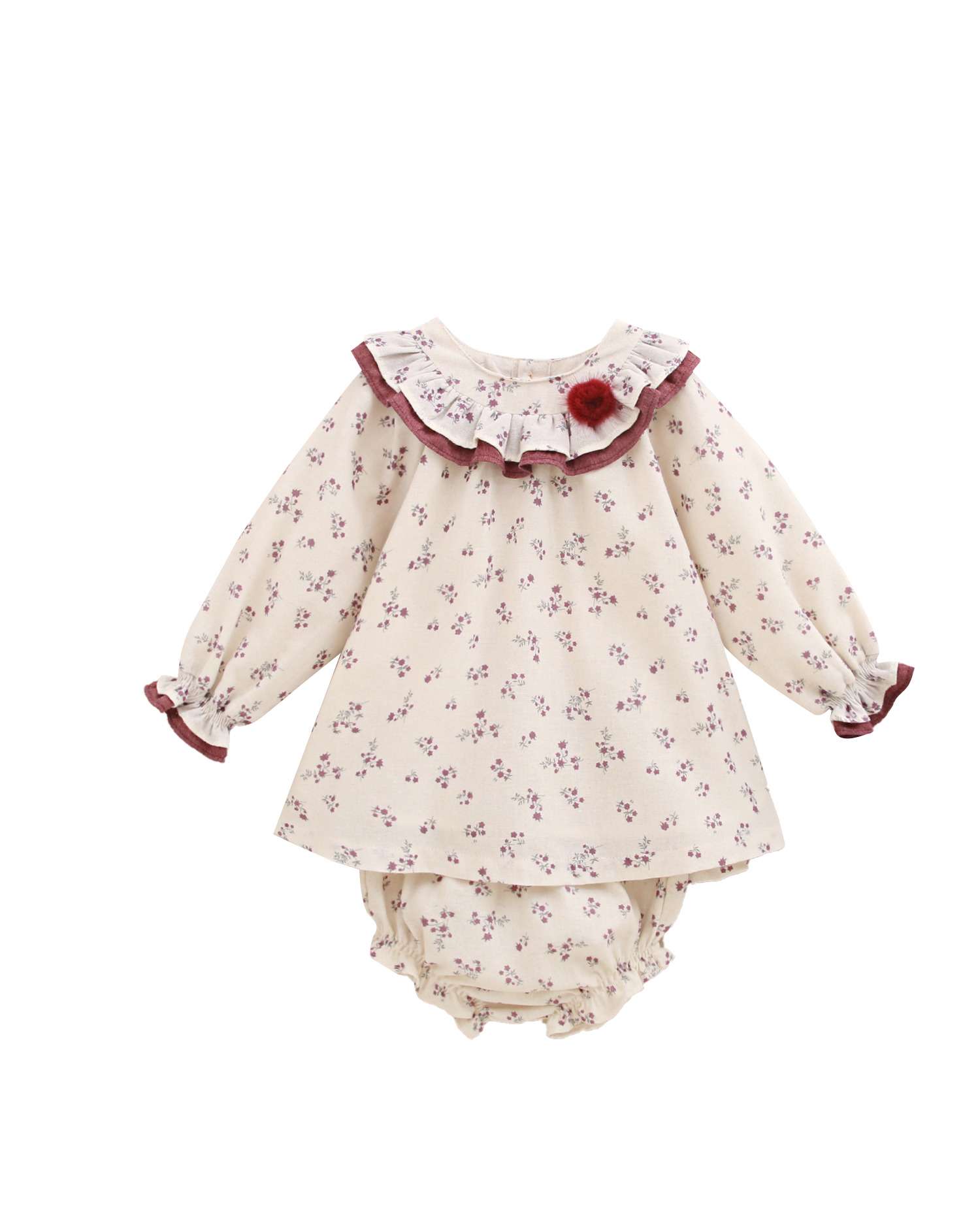 Imagen 1 de Vestido de bebé niña con estampado floral y detalle de pompón Blanco