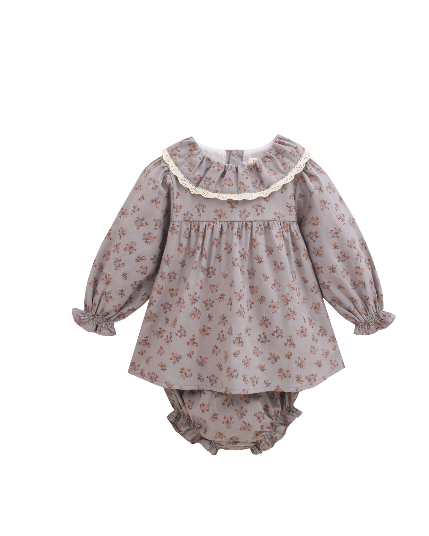 Imagen 0 de Vestido de bebé gris con braguita y estampado de flores con cuello volante Azul