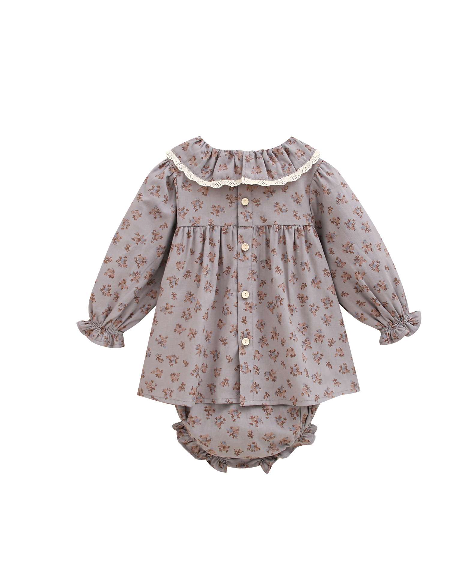 Vestido de bebé gris con braguita y estampado de flores con cuello volante - Dadati - Azul Azul-2