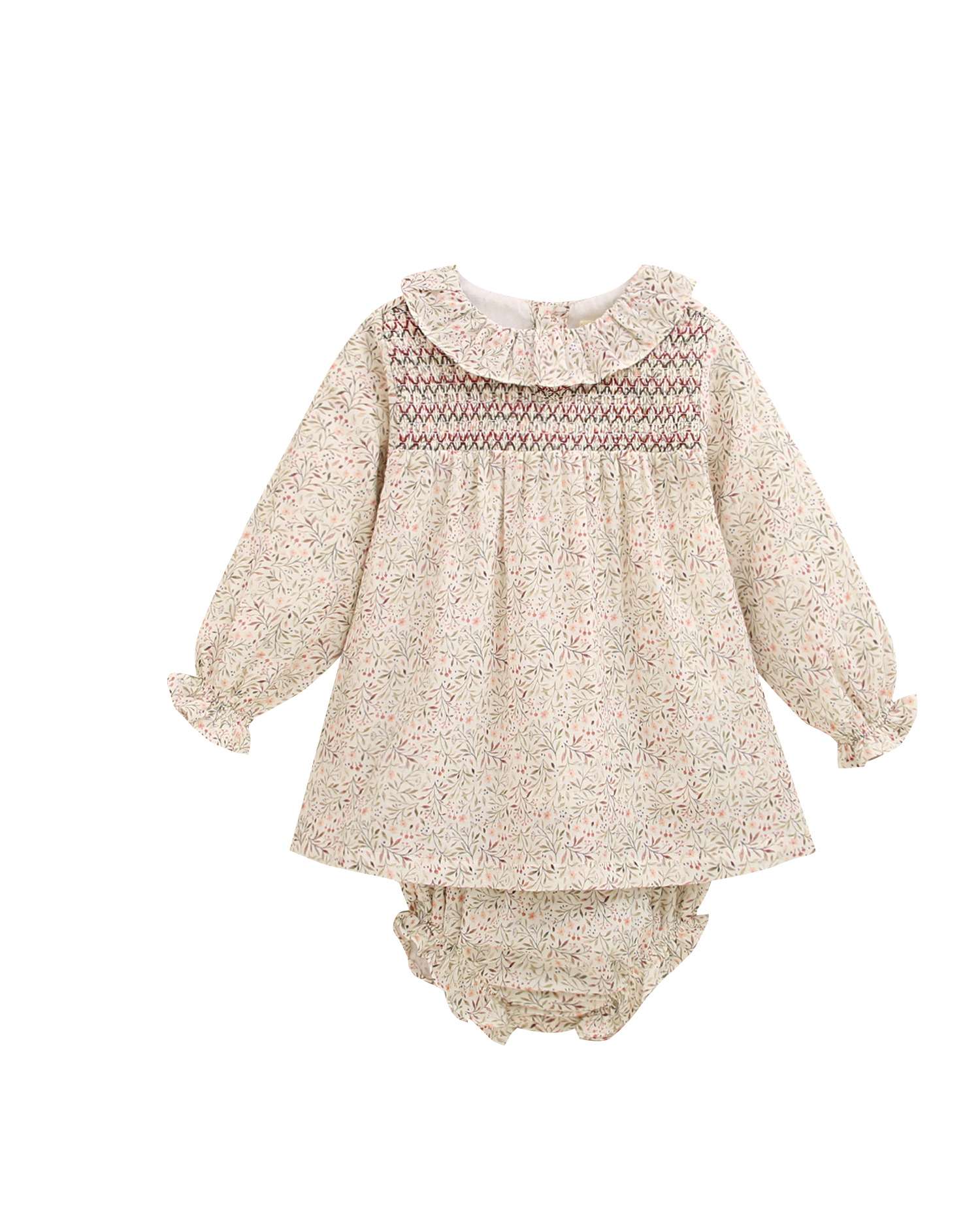 Imagen 1 de Vestido de bebé niña con smock , cuello volante y braguita Natural