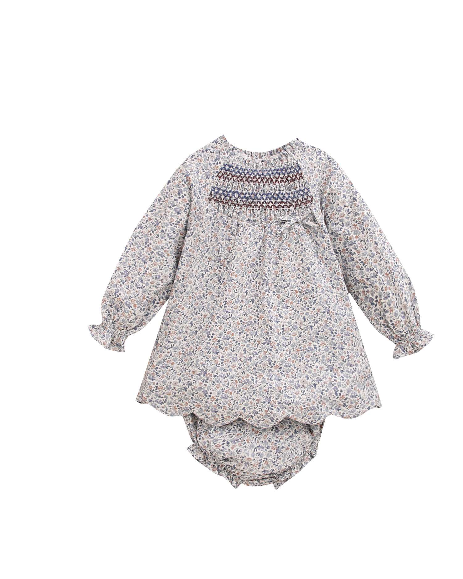 Imagen 0 de Vestido de bebé niña floral con nido de abeja y braguita a juego Azul