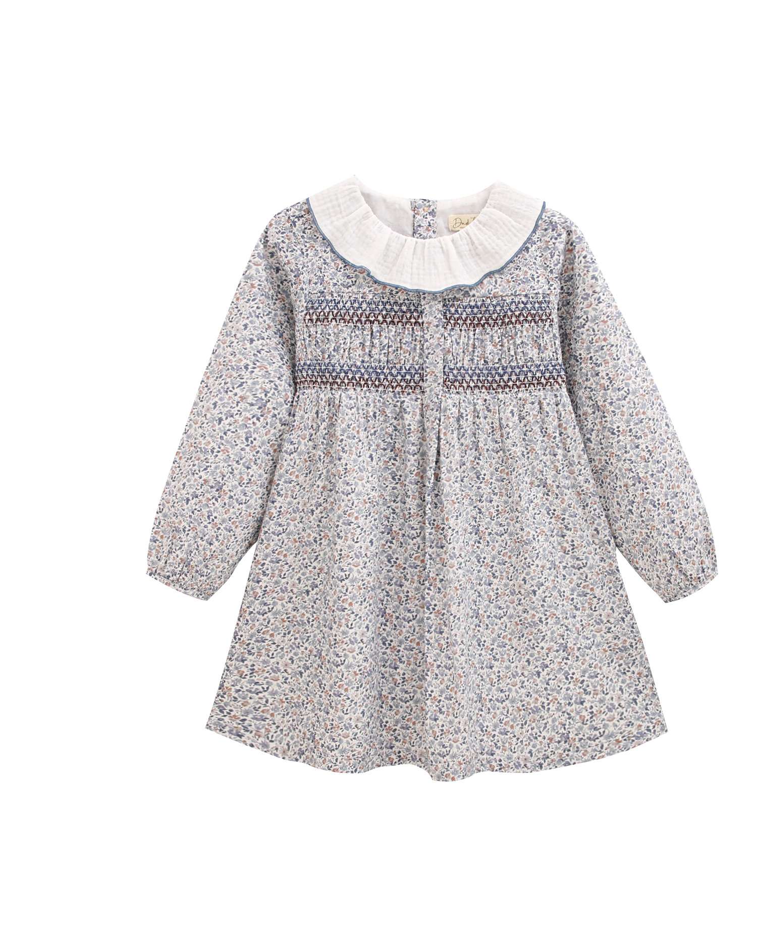 Imagen 0 de Vestido de niña floral con nido de abeja y cuello volante Azul