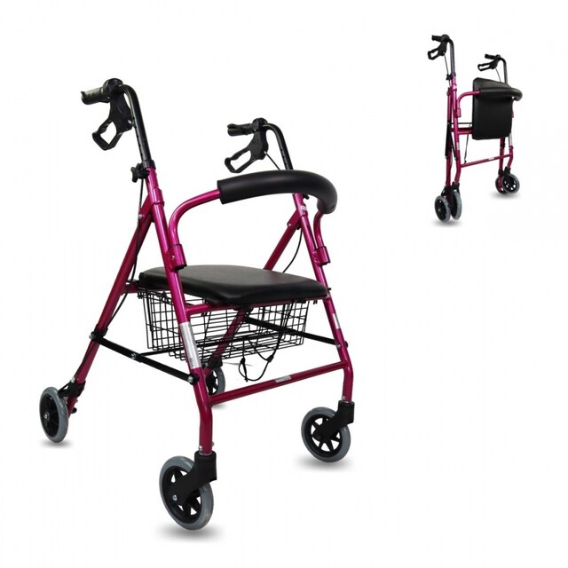 Imagen 0 de Andador plegable aluminio frenos manetas asiento y respaldo 4 ruedas rosa Escorial Mobiclinic
