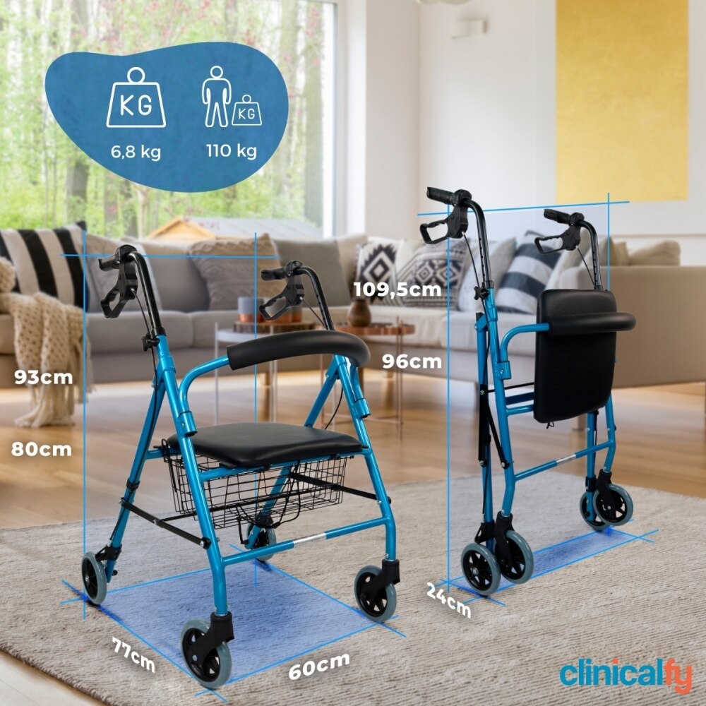 Andador plegable aluminio Para adultos Frenos Manetas Asiento y respaldo 4 ruedas Clinifcalfy Azul Turia Azul-2