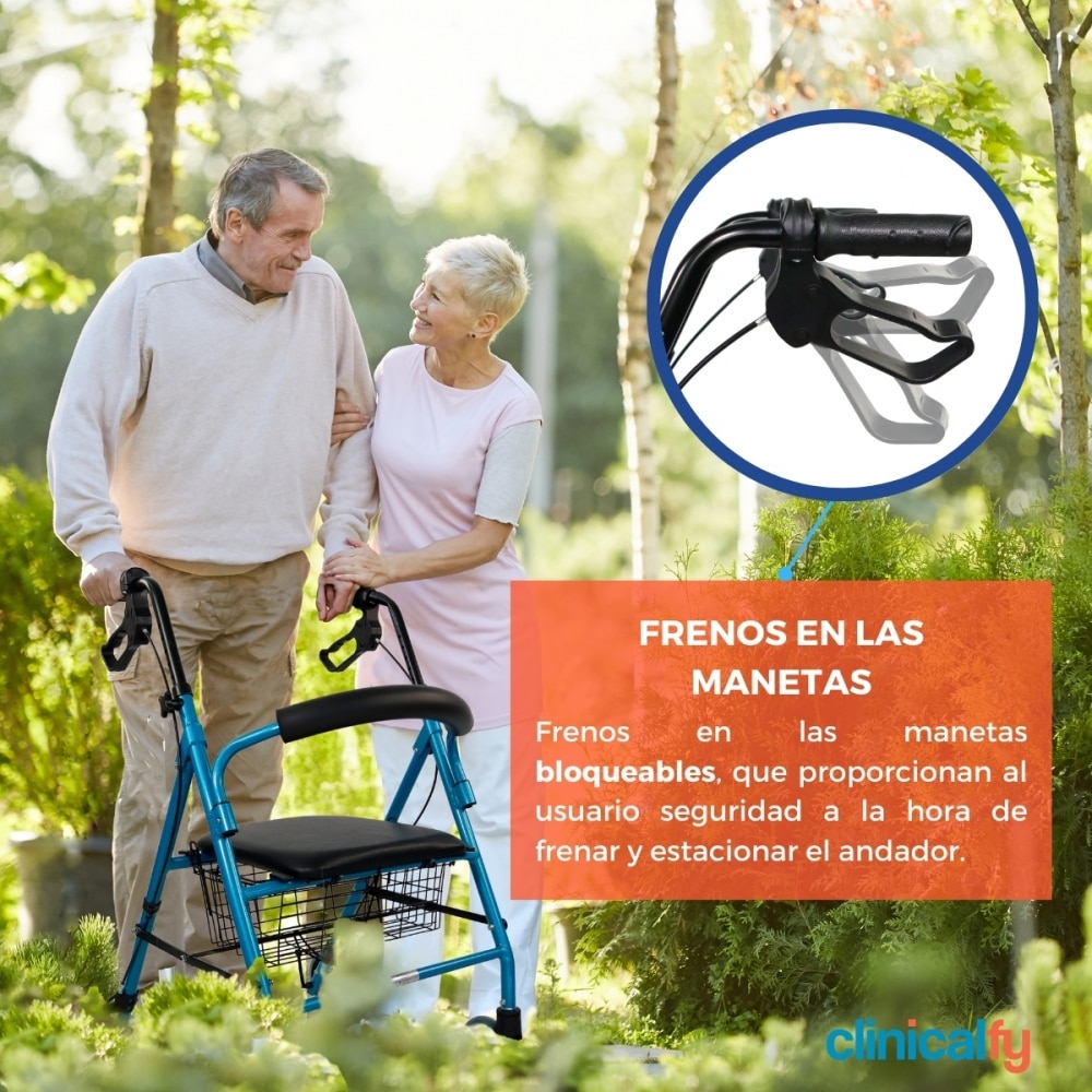 Andador plegable aluminio Para adultos Frenos Manetas Asiento y respaldo 4 ruedas Clinifcalfy Azul Turia Azul-3