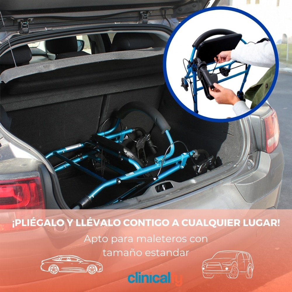 Andador plegable aluminio Para adultos Frenos Manetas Asiento y respaldo 4 ruedas Clinifcalfy Azul Turia Azul-4