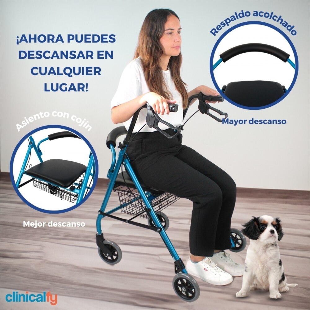 Andador plegable aluminio Para adultos Frenos Manetas Asiento y respaldo 4 ruedas Clinifcalfy Azul Turia Azul-5