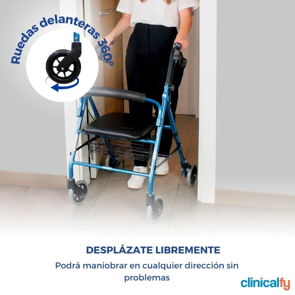 Andador plegable aluminio Para adultos Frenos Manetas Asiento y respaldo 4 ruedas Clinifcalfy Azul Turia Azul-6