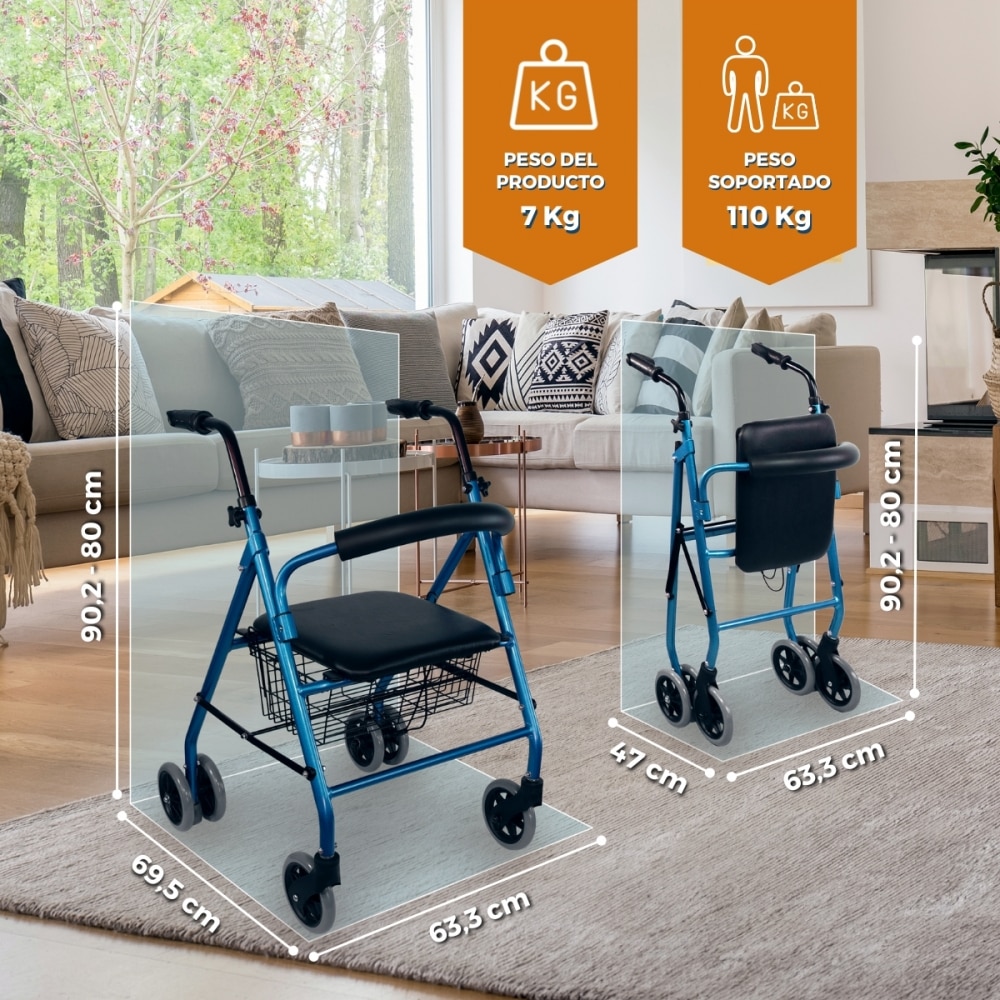 Andador para adultos freno a presión con asiento ruedas y canasta Paterna Clinifcalfy Azul-3