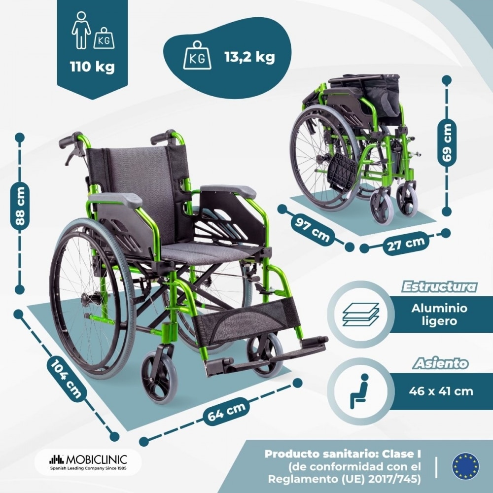 Silla de ruedas plegable aluminio respaldo partido verde Bolonia Mobiclinic 2