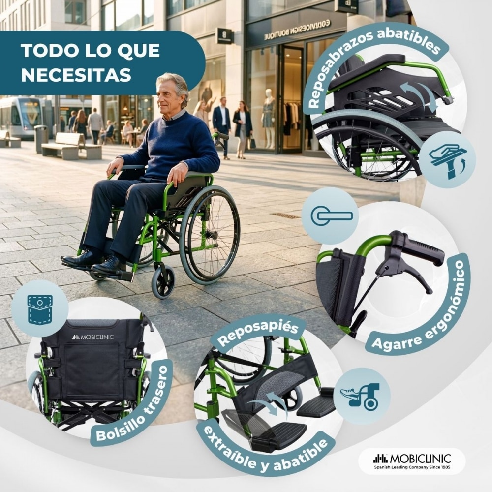 Silla de ruedas plegable aluminio respaldo partido verde Bolonia Mobiclinic 3