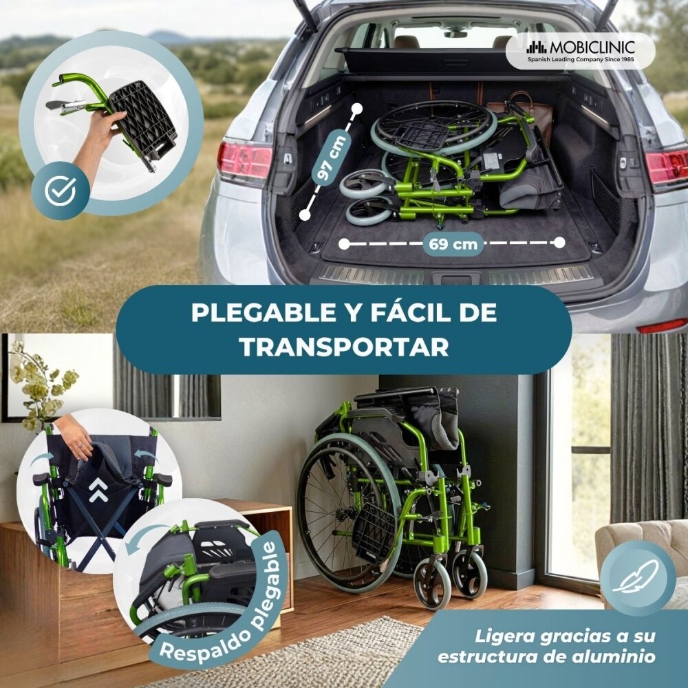 Silla de ruedas plegable aluminio respaldo partido verde Bolonia Mobiclinic 4