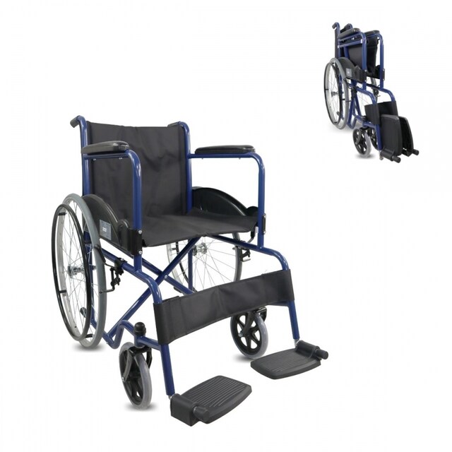 Imagen 0 de Silla de ruedas Plegable rueda grande con reposabrazos y reposapiés fijos azul Alcazaba Mobiclinic