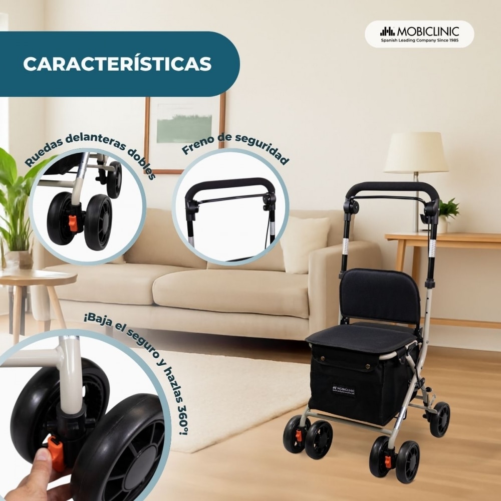 Carro compra con asiento andador plegable con bolsa Negro Coliseo Mobiclinic 4