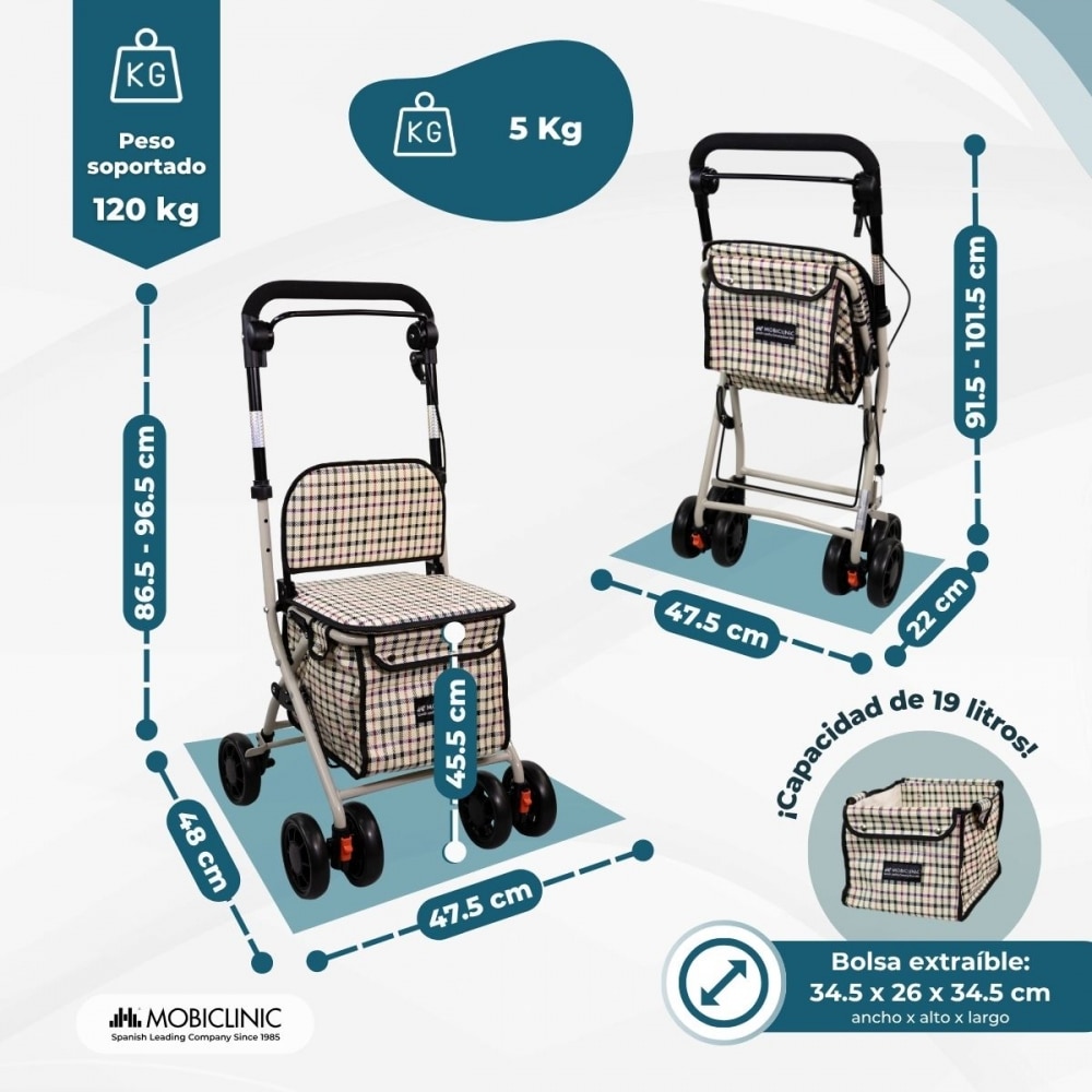 Carro compra con asiento andador plegable con bolsa Cuadros Coliseo Mobiclinic 2