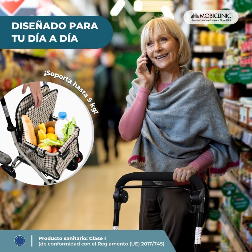 Carro compra con asiento andador plegable con bolsa Cuadros Coliseo Mobiclinic 3