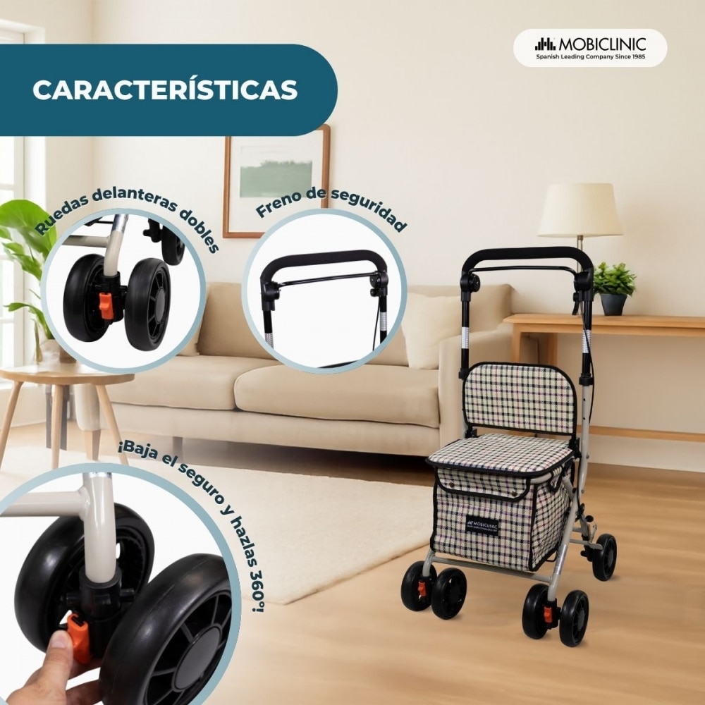 Carro compra con asiento andador plegable con bolsa Cuadros Coliseo Mobiclinic 4