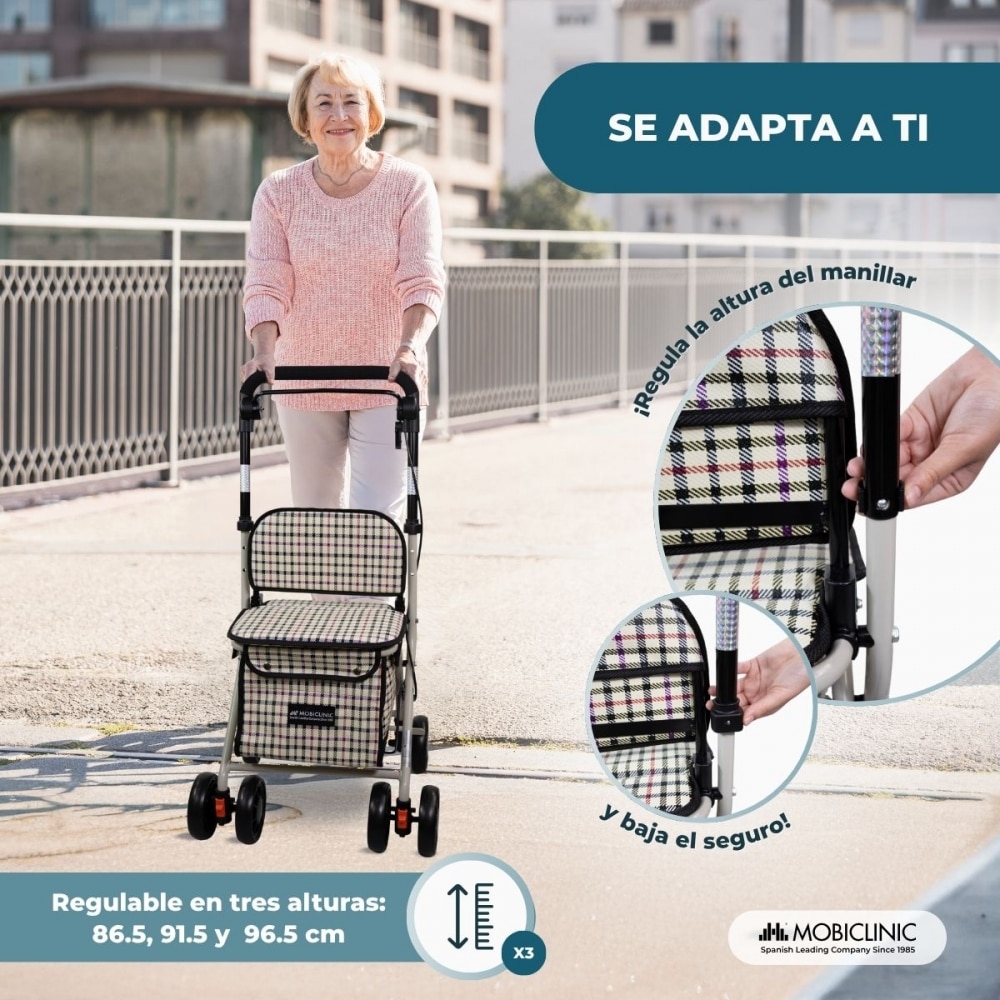 Carro compra con asiento andador plegable con bolsa Cuadros Coliseo Mobiclinic 6