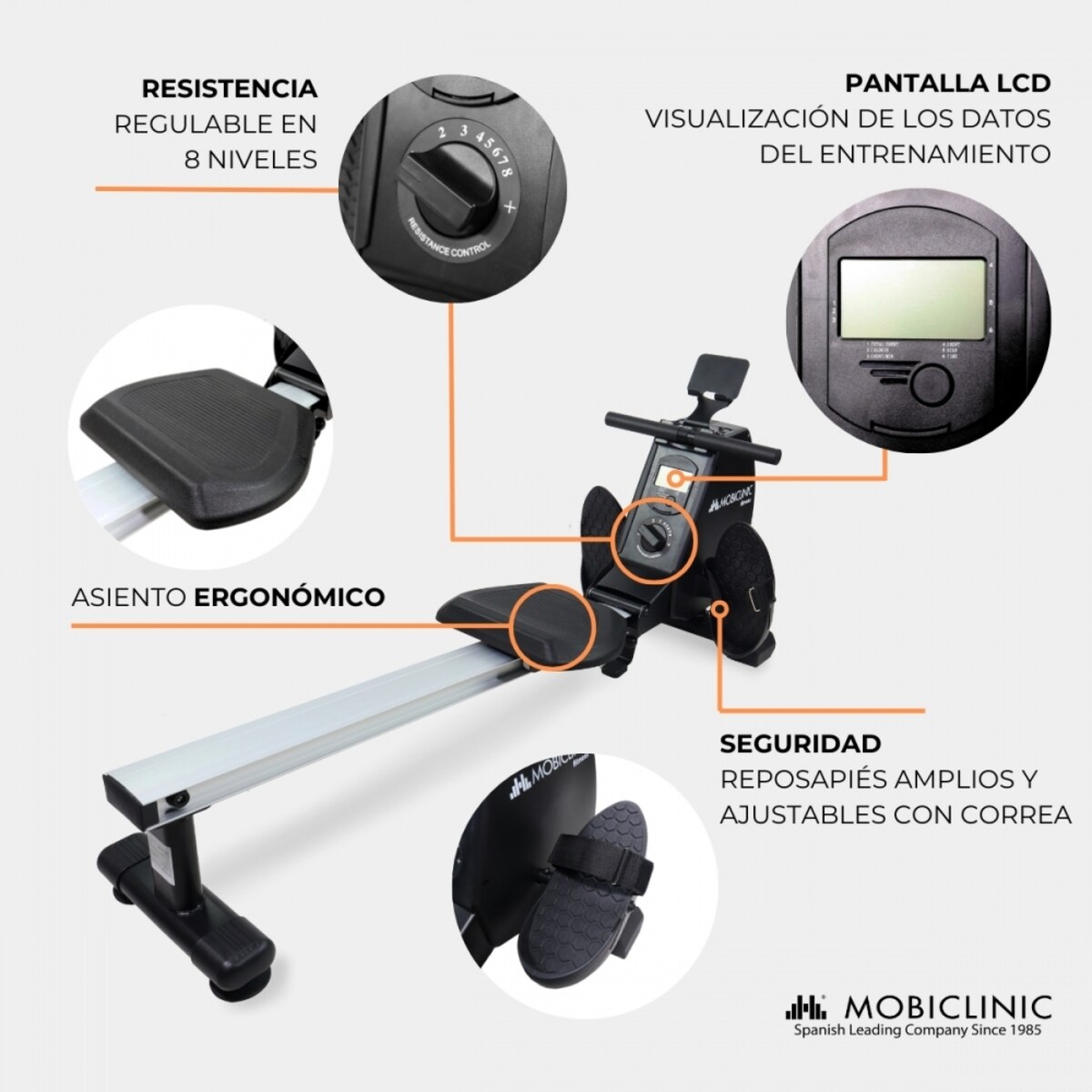 Máquina de remo 8 Niveles de Resistencia Monitor LCD RowFit Mobiclinic Negro-6