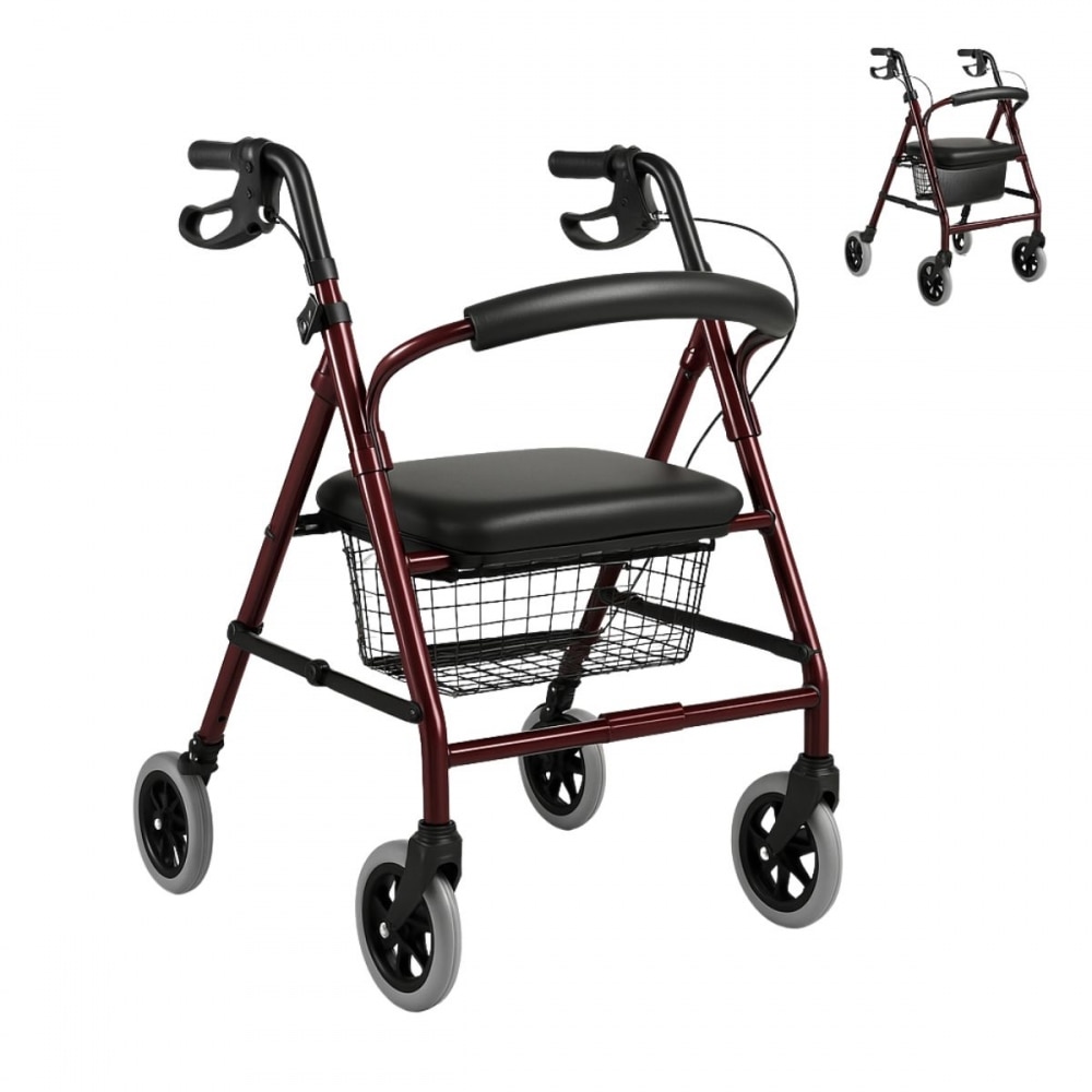 Imagen 0 de Andador plegable aluminio Para adultos Frenos Manetas Asiento y respaldo 4 ruedas Burdeos Escorial Mobiclinic