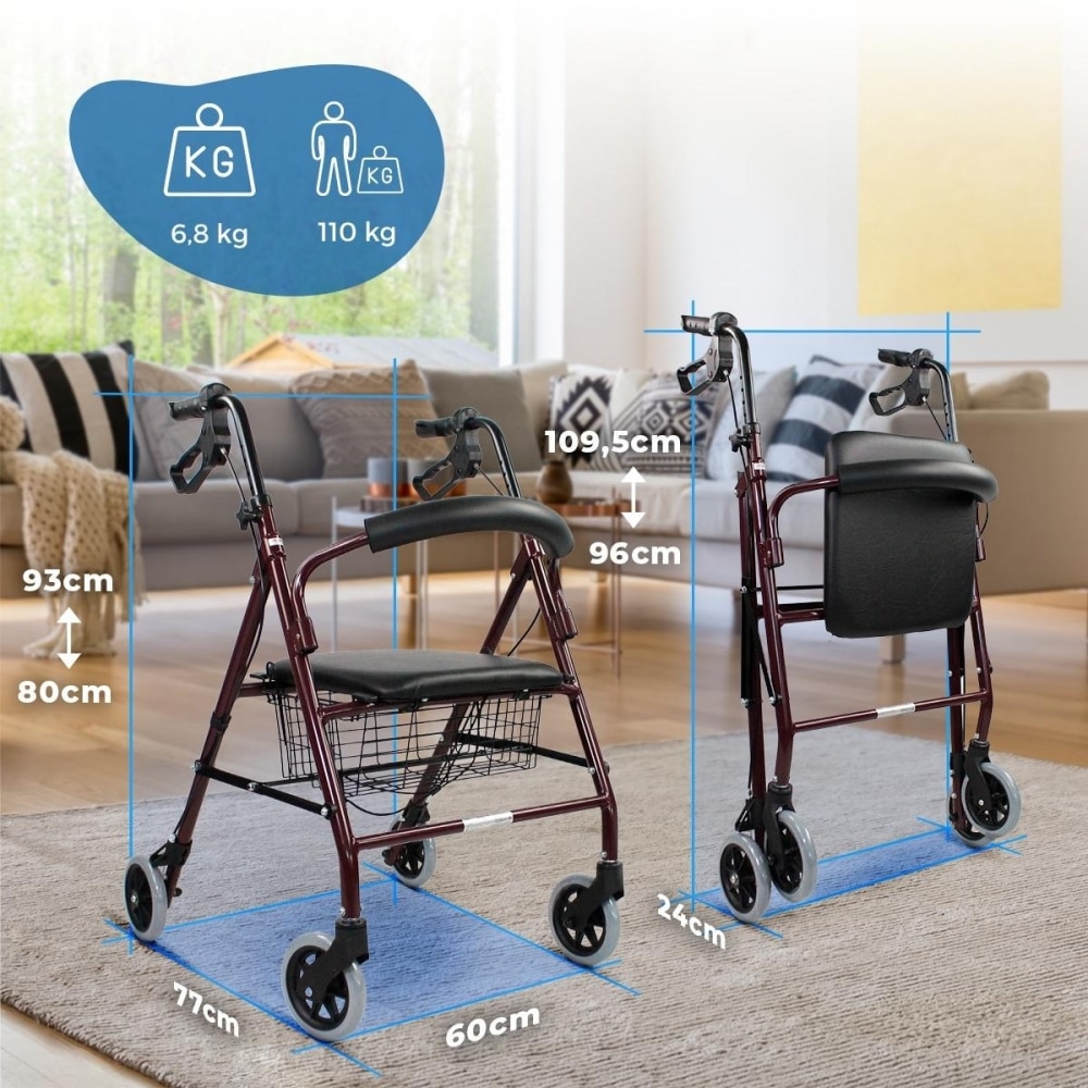 Andador plegable aluminio Para adultos Frenos Manetas Asiento y respaldo 4 ruedas Burdeos Escorial Mobiclinic 2