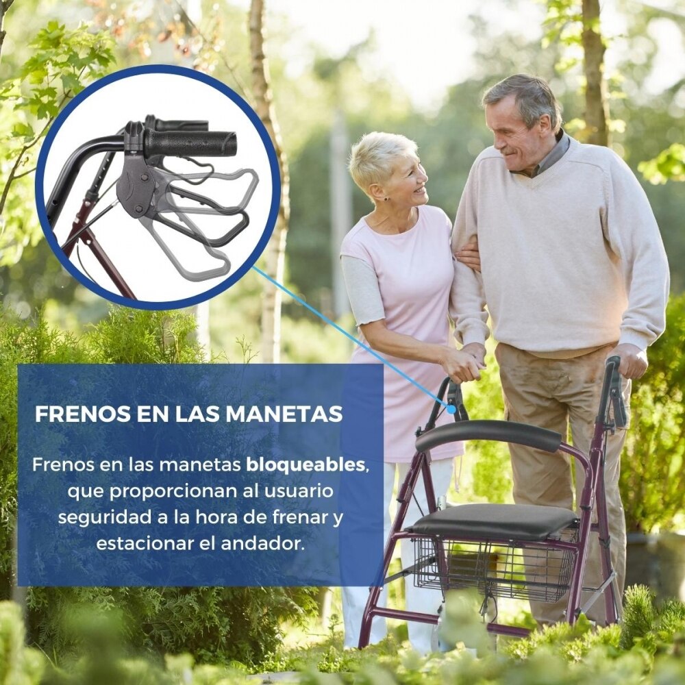 Andador plegable aluminio Para adultos Frenos Manetas Asiento y respaldo 4 ruedas Burdeos Escorial Mobiclinic 4