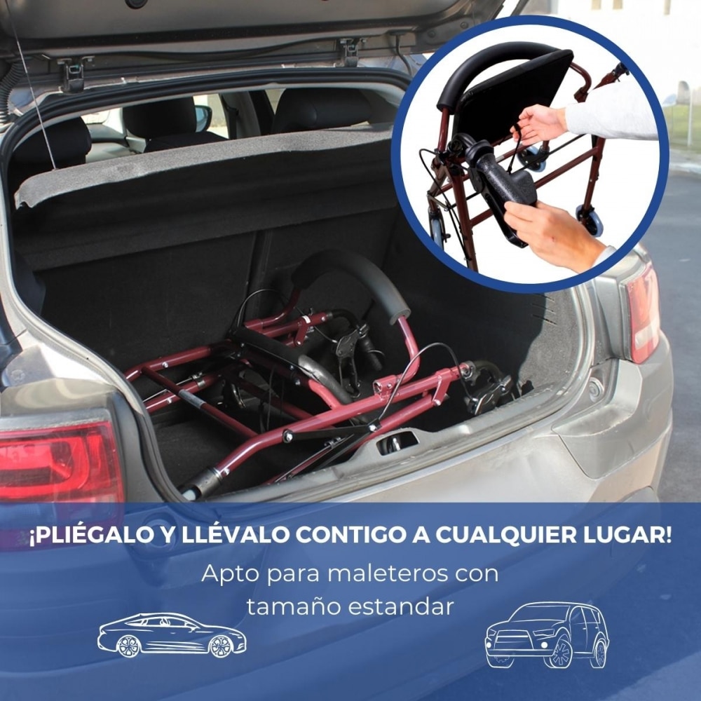Andador plegable aluminio Para adultos Frenos Manetas Asiento y respaldo 4 ruedas Burdeos Escorial Mobiclinic 5