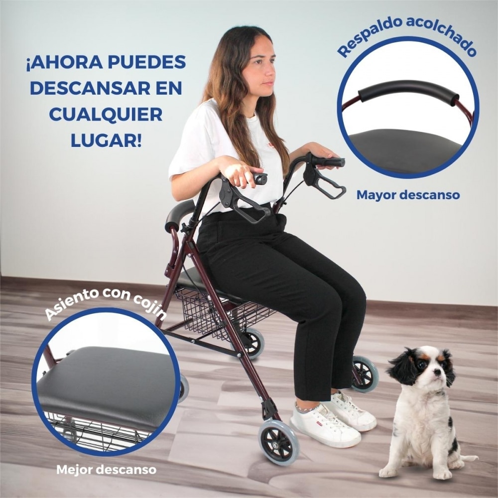 Andador plegable aluminio Para adultos Frenos Manetas Asiento y respaldo 4 ruedas Burdeos Escorial Mobiclinic 6
