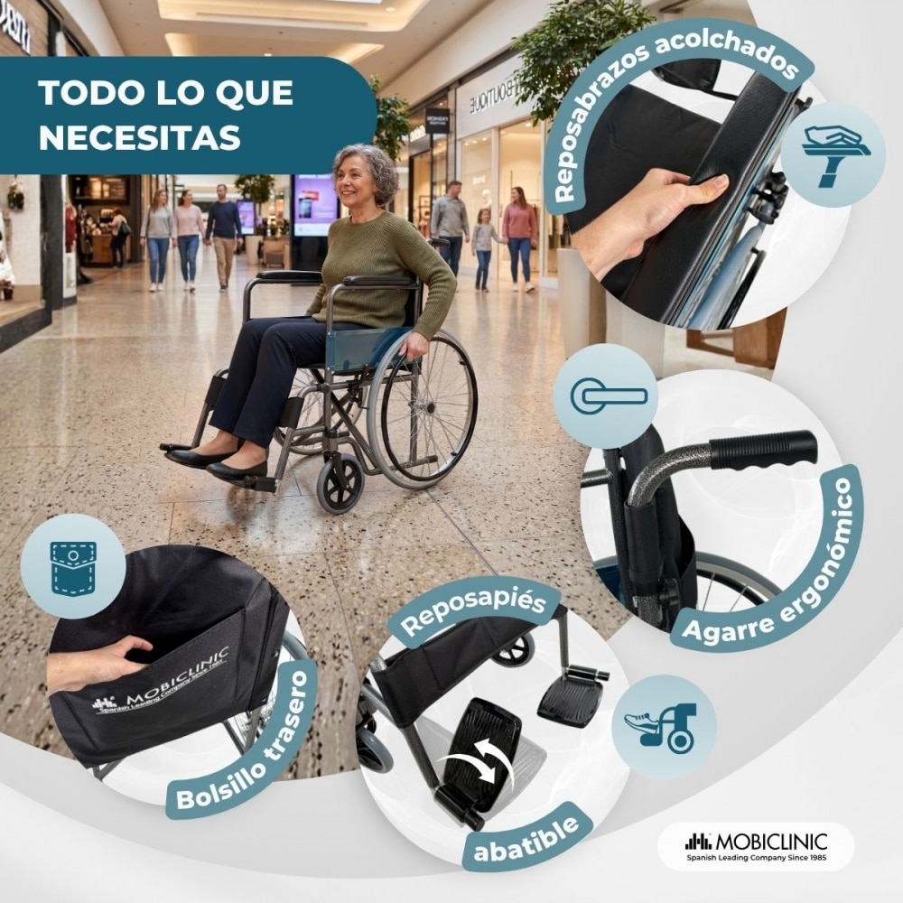 Imagen 3 de Silla de ruedas plegable ruedas grandes ligera ortopédica negro Alcázar Mobiclinic
