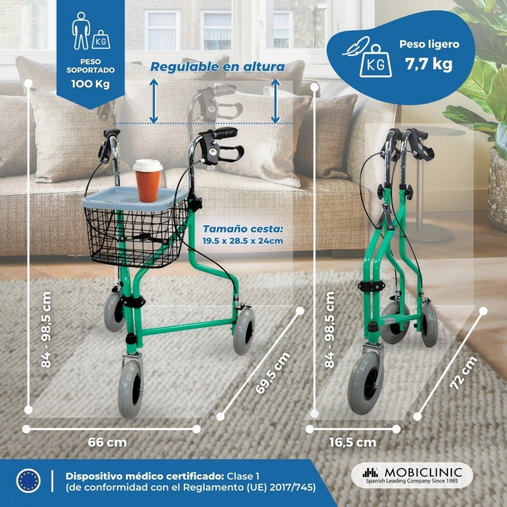 Andador para ancianos plegable freno manetas 3 ruedas cesta verde Caleta Mobiclinic 2