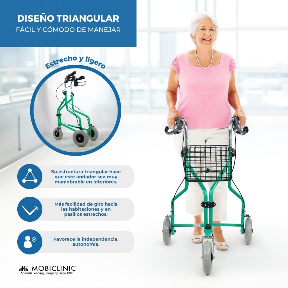 Andador para ancianos plegable freno manetas 3 ruedas cesta verde Caleta Mobiclinic 3