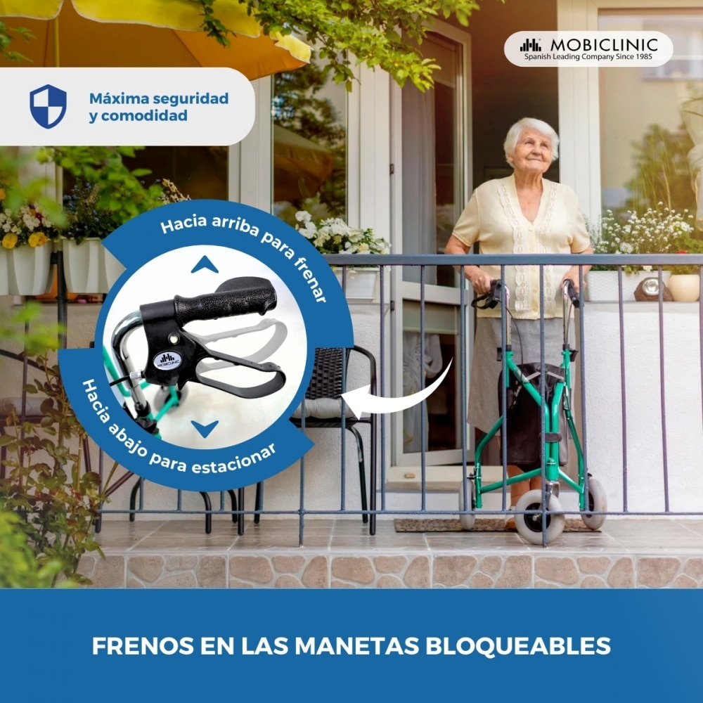 Andador para ancianos plegable freno manetas 3 ruedas cesta verde Caleta Mobiclinic 5