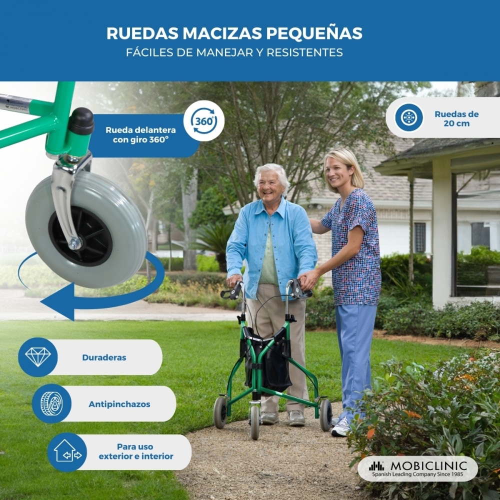 Andador para ancianos plegable freno manetas 3 ruedas cesta verde Caleta Mobiclinic 6