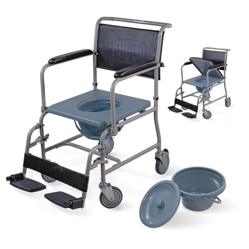 Silla inodoro wc con ruedas y reposabrazos abatibles reposapiés extraíbles gris Ancla Mobiclinic 1